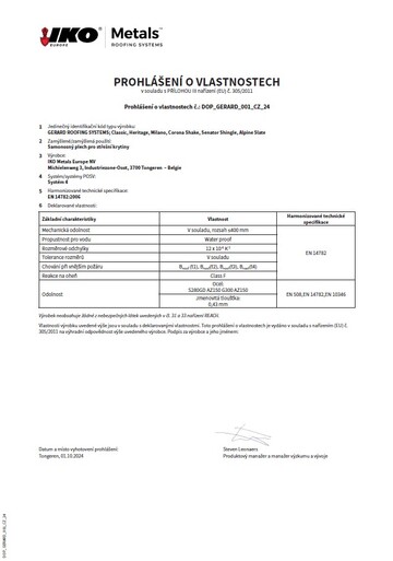 PROHLÁŠENÍ O VLASTNOSTECH: Classic, Heritage, Milano, Corona Shake, Senator Shingle, Alpine Slate